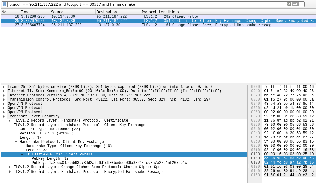 Wireshark showing the cipher suite accepted by the remote VPN server